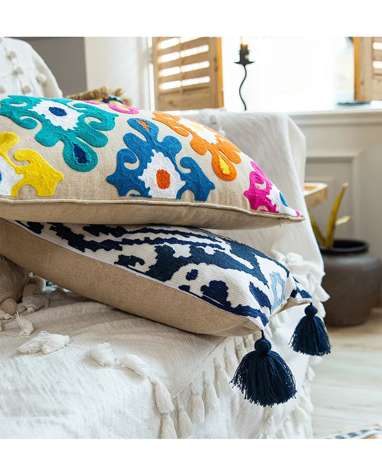 Nordic Ethnic Style Cushion Cover Cotton Moroccan Handmade Embroidery Cotton Tassel Throw Pillow Cover Living Room Home Decor