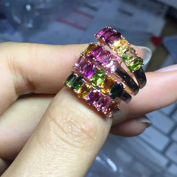MeiBaPJ Natural Tourmaline Gemstone Fashion Colorful Stone Flower Ring for Women Real 925 Sterling Silver Charm Fine Jewelry