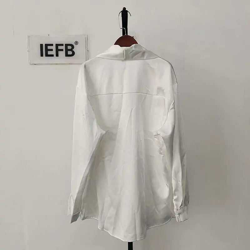 IEFB Korean Fashion Men's Shirt Bow Tie Design Loose Simple Fresh Long Sleeve Casual 2024 Spring Solid Color Male Tops 9C5081