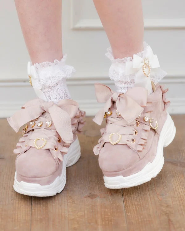 Handmade Sweet Lolita Bow Pearl Heart Pendant Lace Mid-Calf Socks Japanese Style Cotton Lace Socks Girls Women