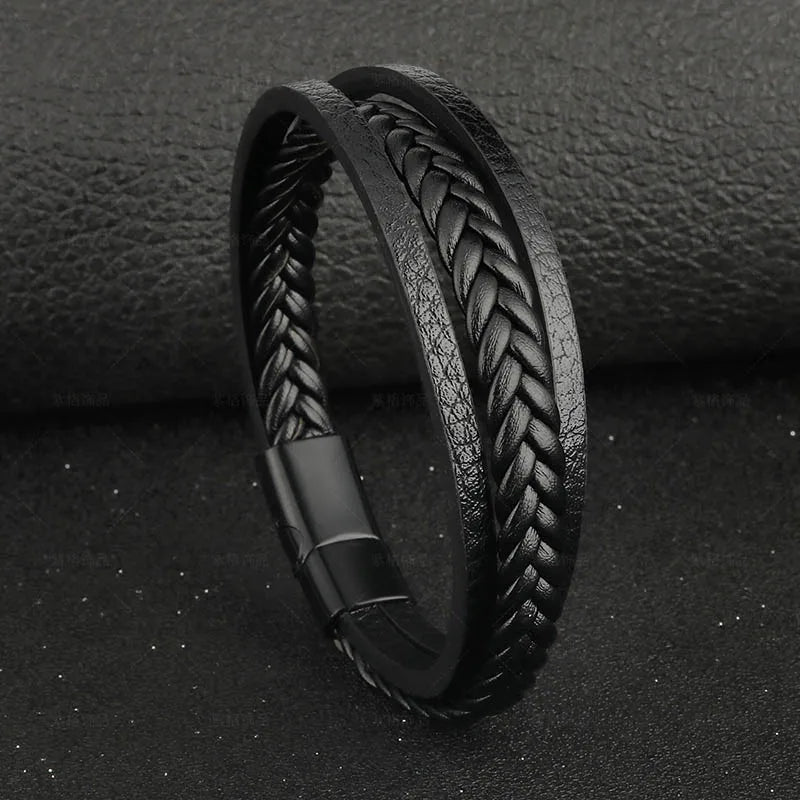 Vintage Genuine Leather Bracelet for Men Handmade Woven Bracelet Magnetic Clasp Wrap Bracelet Homme Hand Jewelry Accessories New