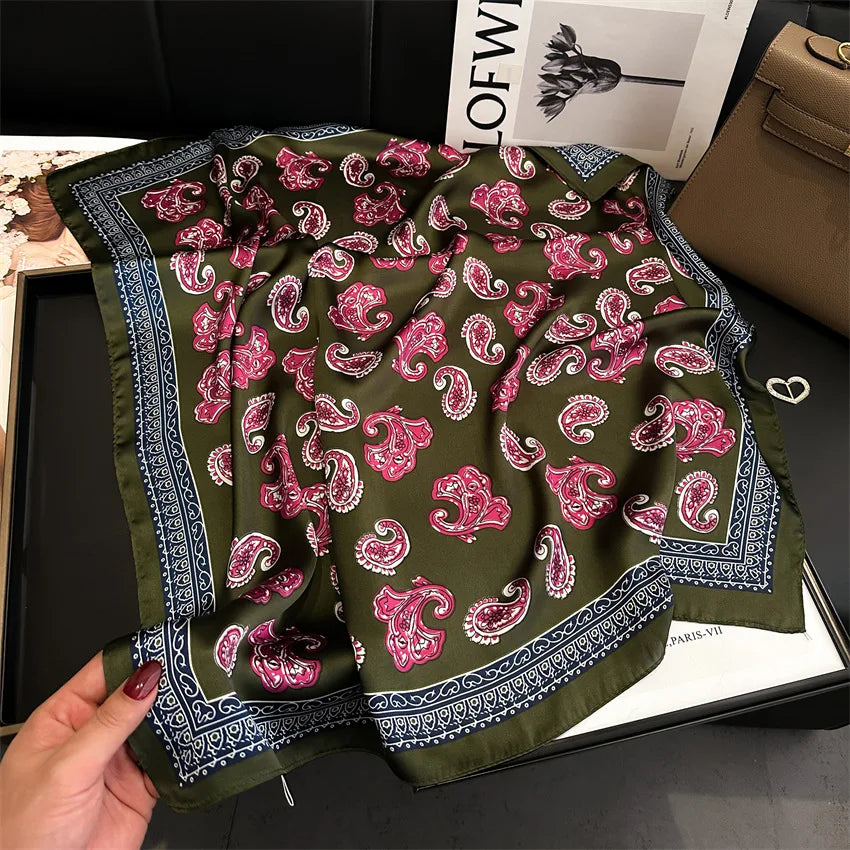 Imitated Silk Headcloth Fashion Flower Print Square Shawls Popular 70X70cm Bandanna Kerchief Sun Protection Silk Scarves Tie Bag