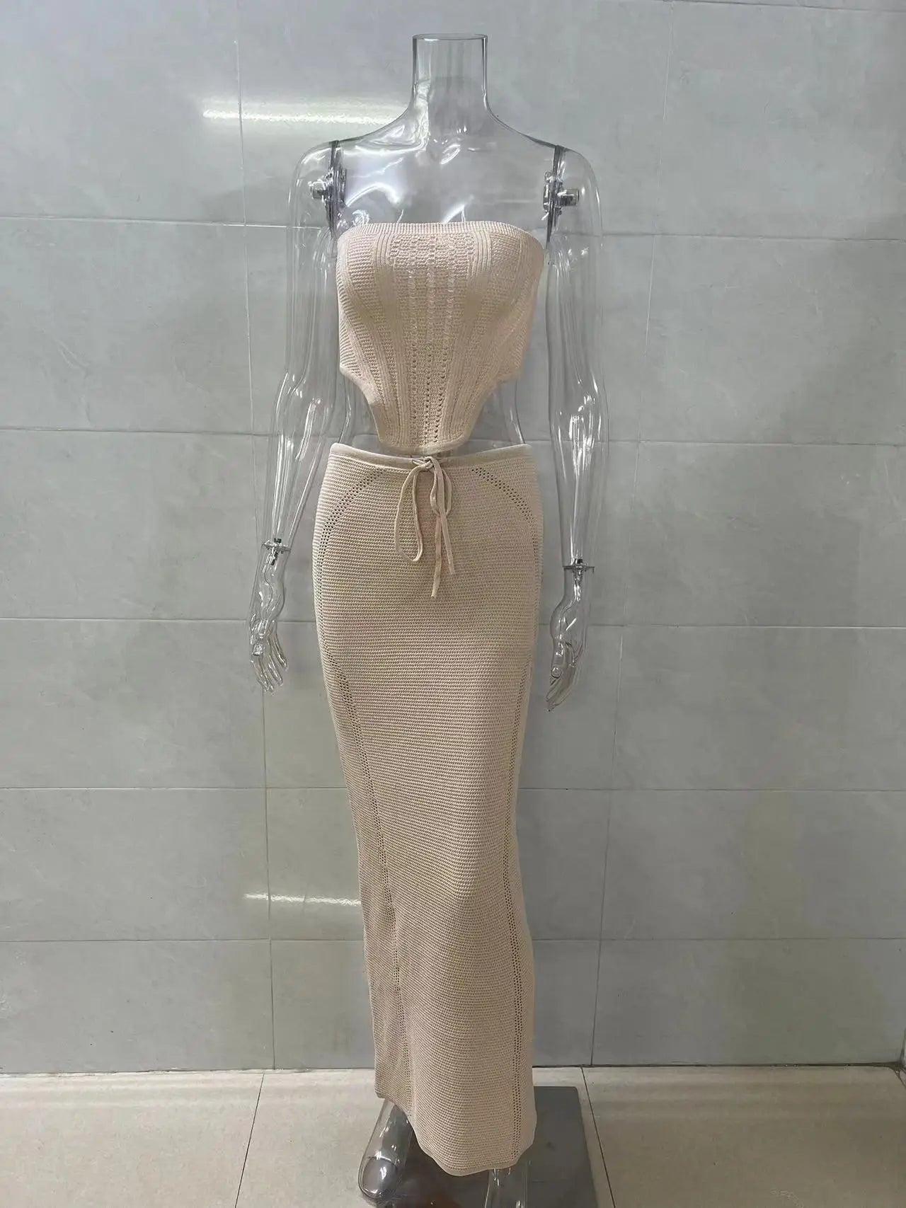 Knitted Beach Suit Women Sexy Backless Long Skirt and Top Set Summer Lace-up 2 Pieces Skirt Set Bikini Cover ups 2024 Beachwear