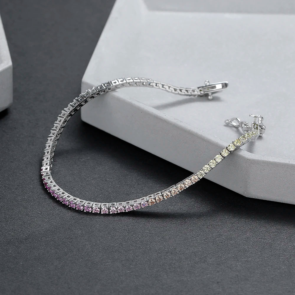 New 2 mm Rainbow Solid 925 Silver Jewelry Colorful Cubic Zircon Colorful Pretty Tennis Chain Bracelets