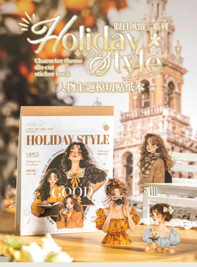 18Pcs PET Sticker Book Holiday Style Decorative Character pack Girls Bottom Daily Stationery Background Scrapbook cut 160*105mm