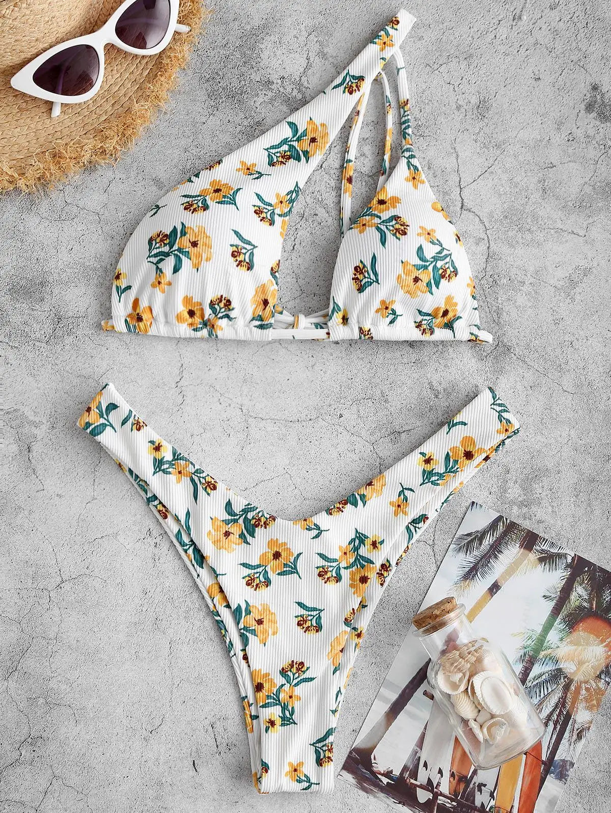 ZAFUL Bikini Set Textured One Shoulder O-ring Swimwear Women Beachwear Bathingsuit Removable Pads Wire Free Bather Swimingsuit