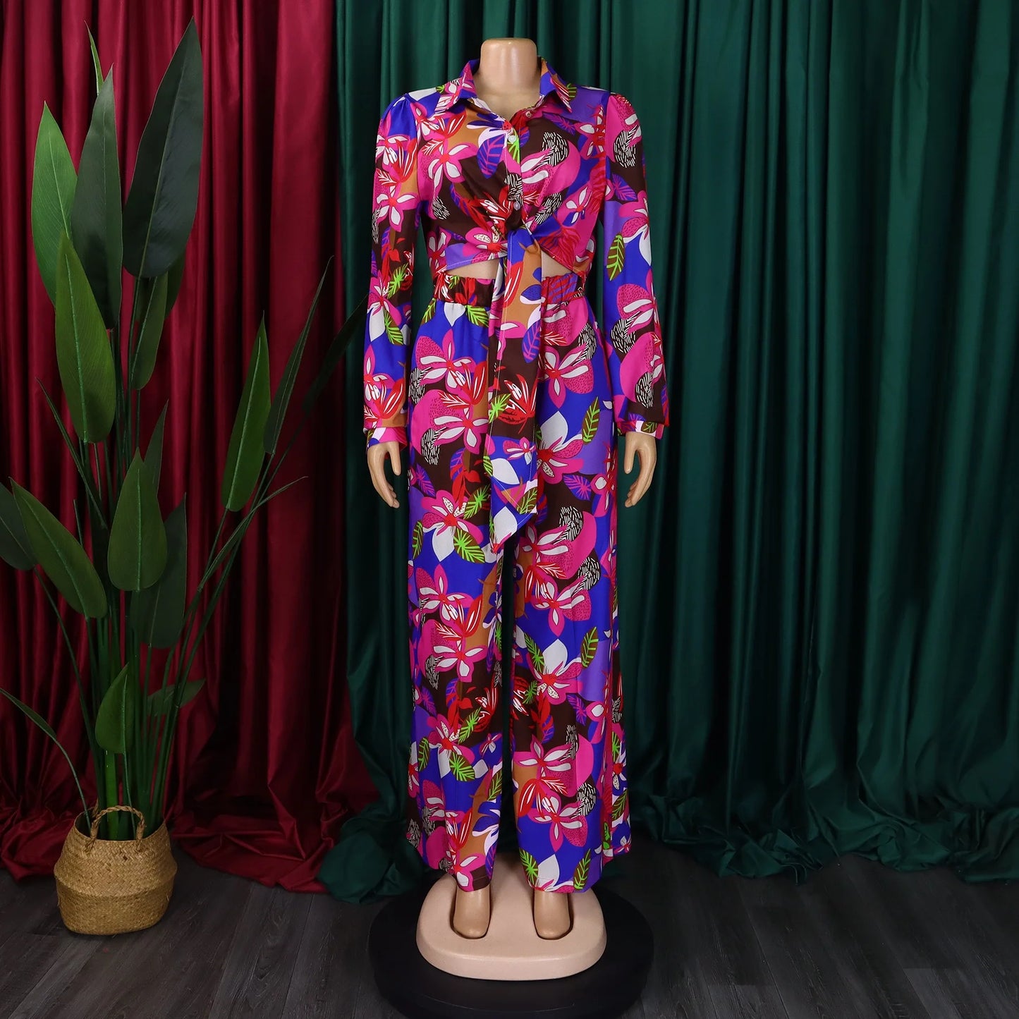 Women 2 Pieces Printed Pants Sets Blouse & Wide Leg Pants Floor Length Fashion High Street Wear Female Two Pieces Matching Sets