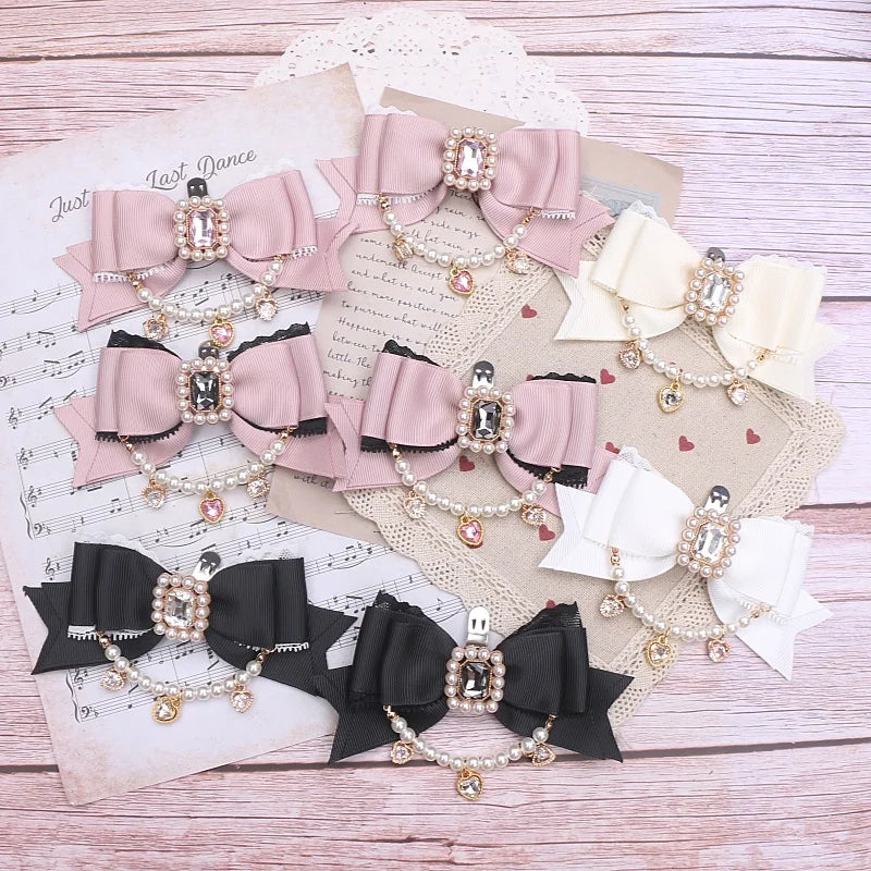 Jirai Kei Style Mine Lace Splicing Bow Shoes Accessories Lolita Beaded Heart Rhinestone Bow Shoe Clip Mary Janes Buckle