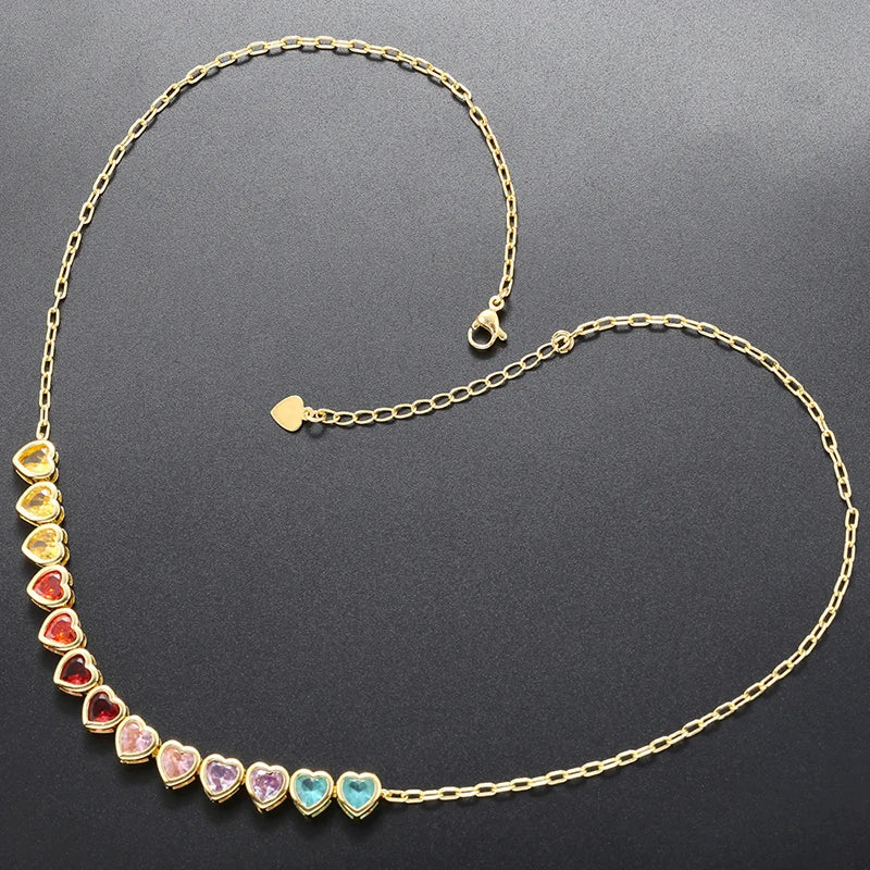 ZHUKOU Heart Rainbow bracelet for women 6 colors CZ stones necklace for women Summer adjustable jewelry sets wholesale VL333