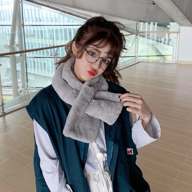 FAITOLAGI Korean Winter Faux Rabbit Fur Women Scarf Soft Plush Snood Scarves Solid Color Neck Collar Warmer Stuff Christmas Gift