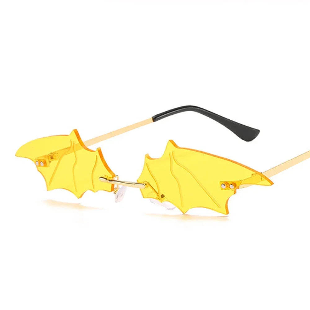 Fashion Rimless Men Sunglasses Women Trendy Bat Shaped Sun Glasses Female Male Vintage Black Mirror Shades Metal Oculos De Sol