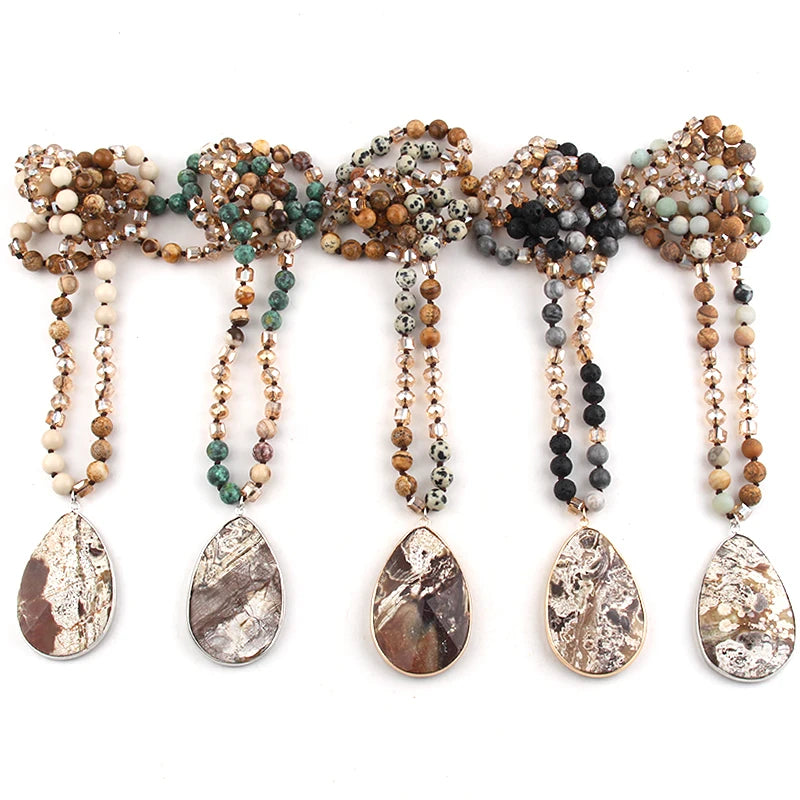 RH Fashion Beaded Necklace 8mm Natural Stone Glass Beads Knotted Pendant Necklaces For Women Bohemian Jewelry  Dropship