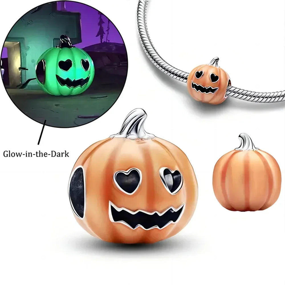 Sterling Silver 925 Halloween Series Luminous Pumpkin Blood Devil Charm for Women Original Bracelet Diy Jewelry Making Gift