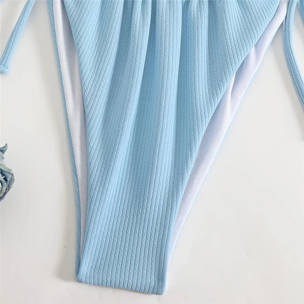 Light Blue Ribbed String Halter Swimwear Ruffled Bandeau Bikinis Sets Micro Thong Swimsuit Woman 2025 Bathing Suit Bikini Dames