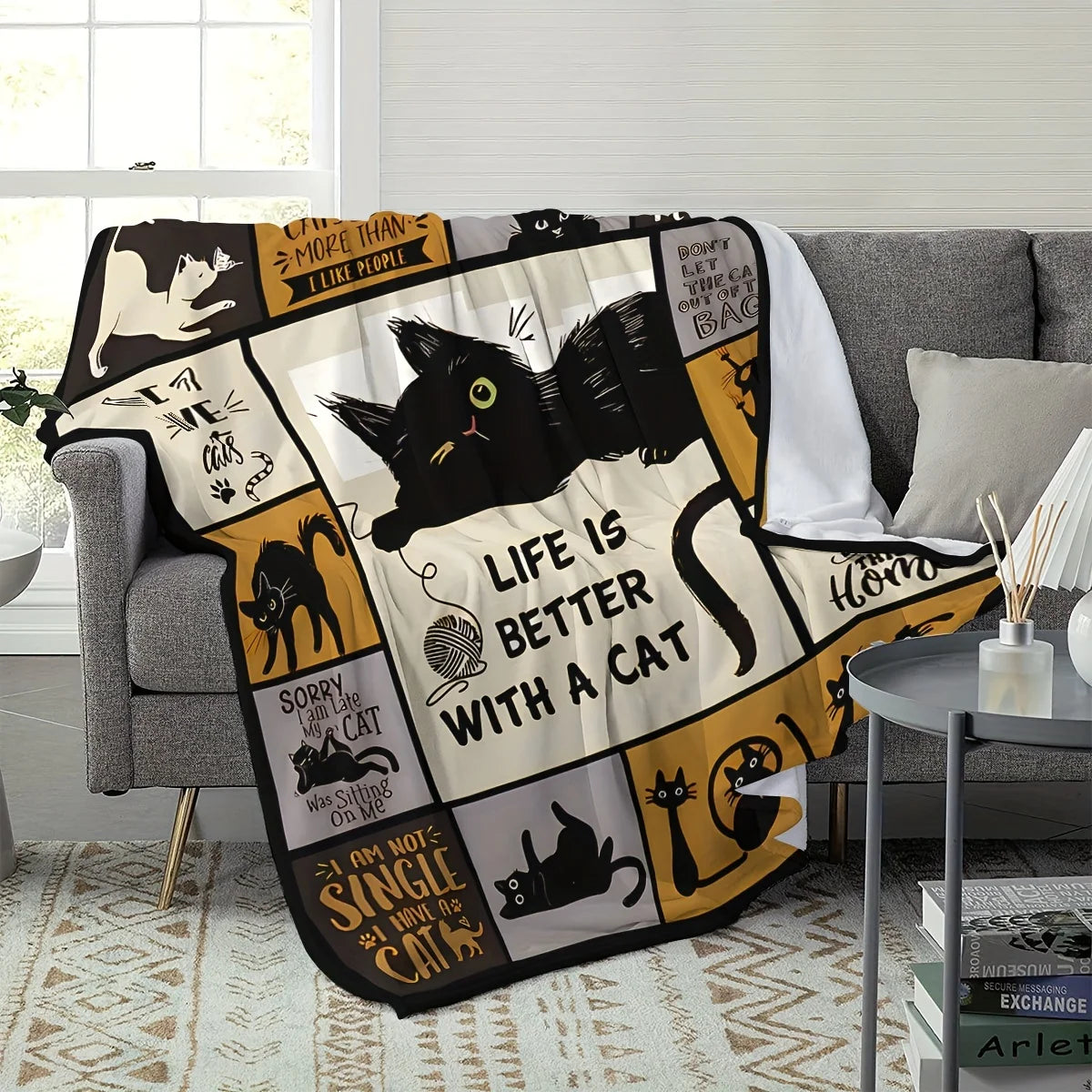 1pc Blanket Lovely Black Cat 3D Print Smooth Flannel Blanket for Home Living Room Bedroom Decor New Year Christmas Gift