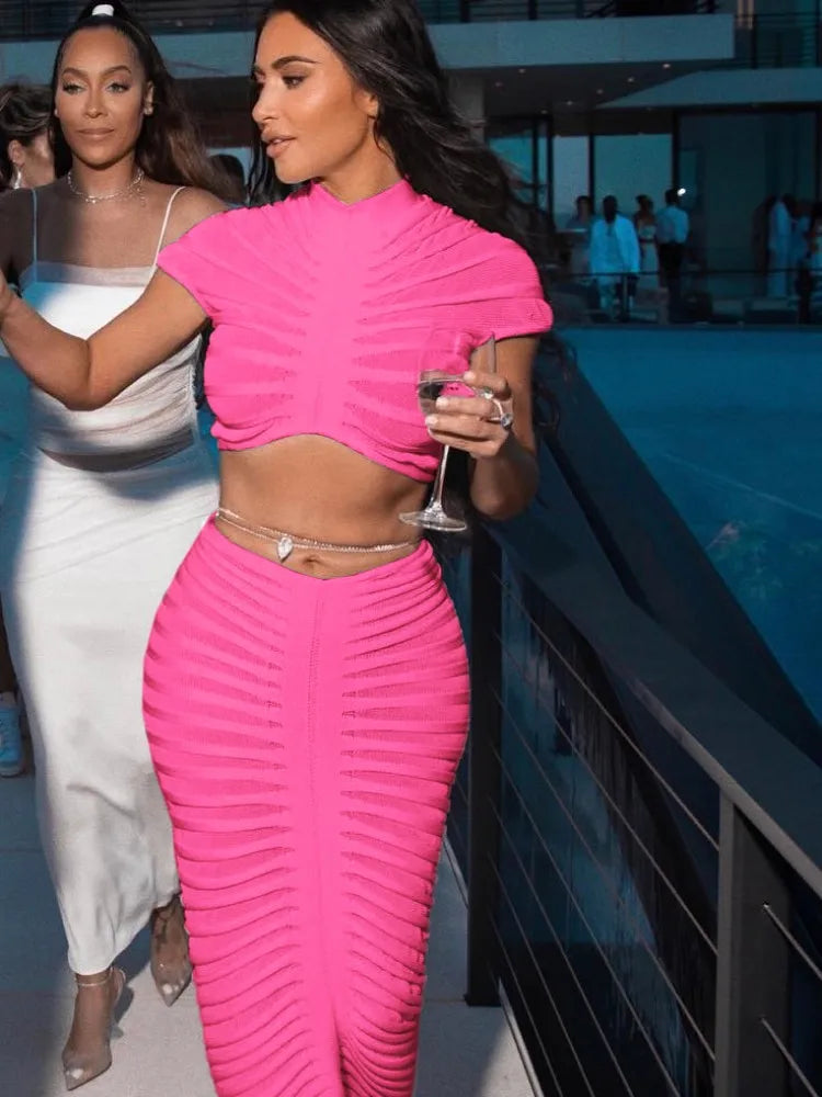 JRRY Sexy Women Knitted Set Crop Top Long Skirt Crochet Two Pieces Set Hollow Out Crocheted Beach Dress Set Cover Ups