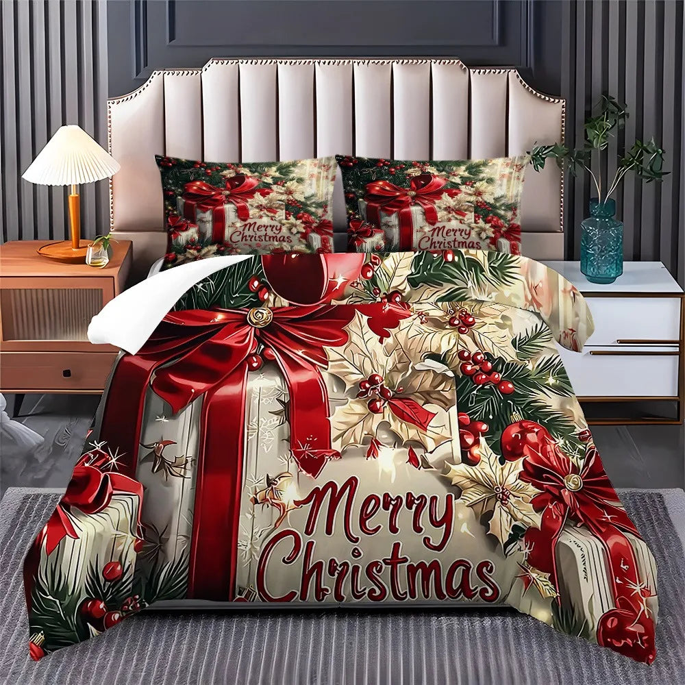 Christmas Bedding Set Red Bow Flowers Printed Cozy Duvet Cover King Queen Twin Single Size New Year Christmas Gift Bedroom Decor