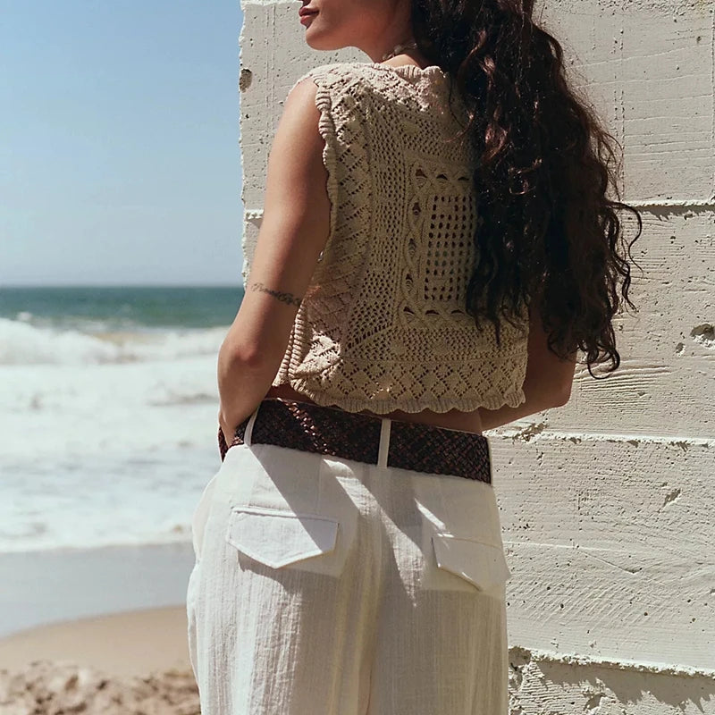 Combhasaki Women Summer Y2K Square Shaped Knitted Crop Tank Tops Irregular Hem Hollow Out See-through Pullover Sweater Vest