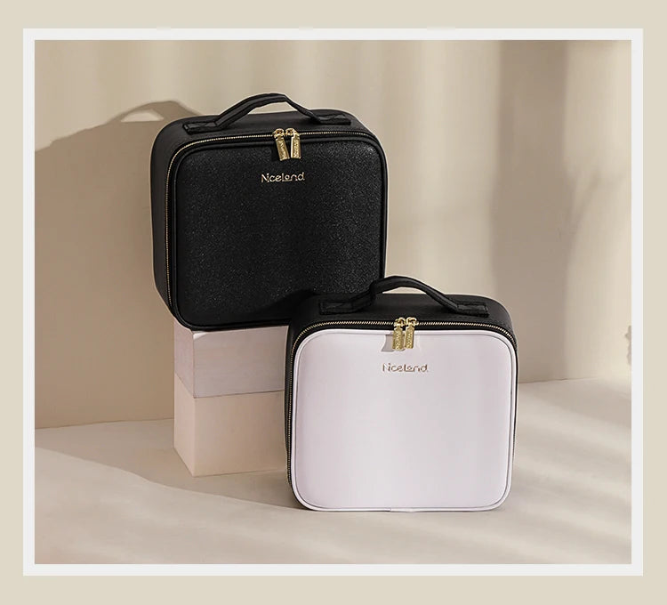 Makeup Travel Train Case with LED Lighted Mirror, 3 Color Adjust Settings, Travel Makeup Bag With Adjustable Dividers,