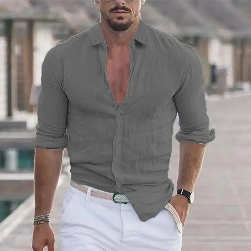 New Men's Shirt Cotton linen Casual Polo Neck Beach Shirt Long Sleeve Solid Hawaiian Holiday Shirts Streetwear