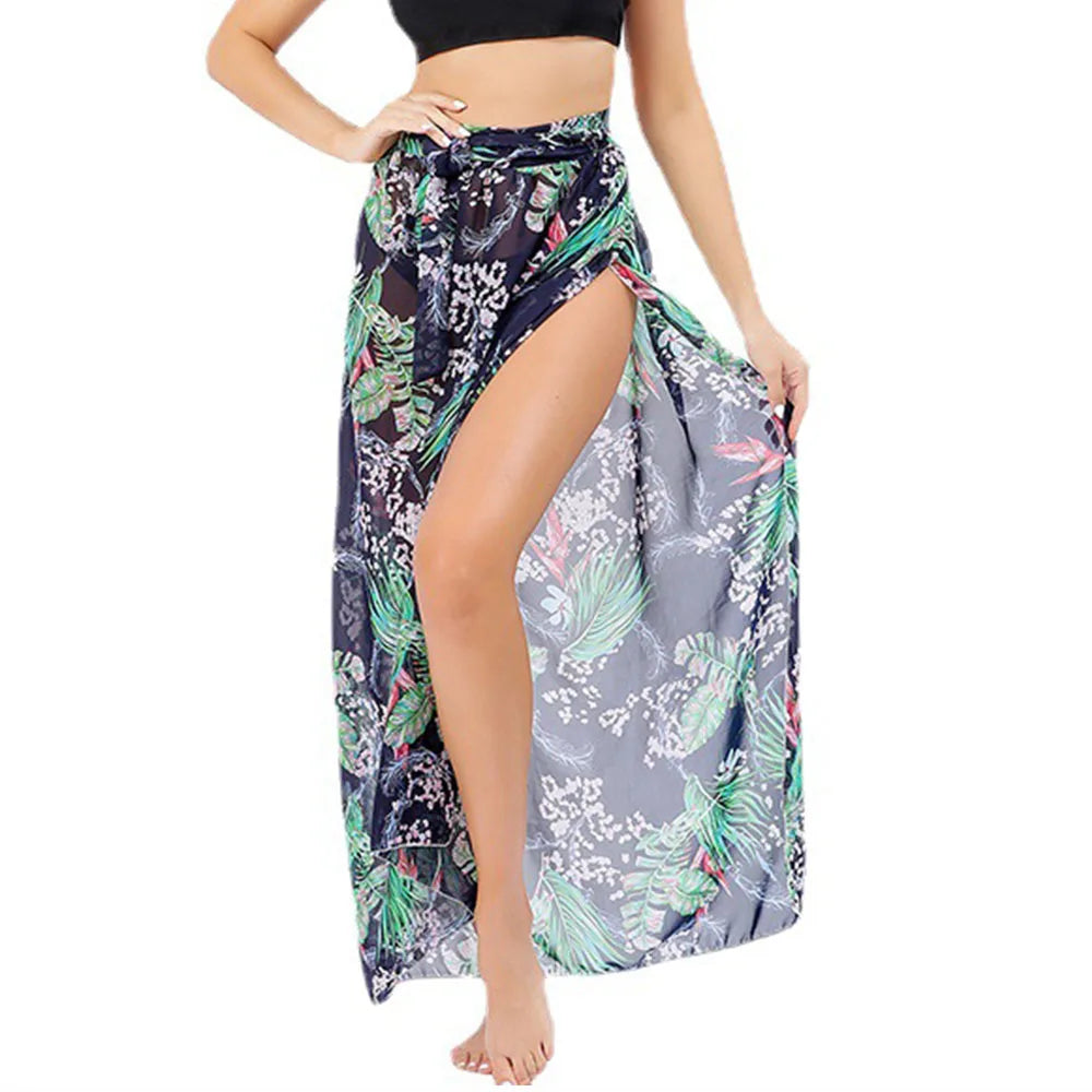 Women Long  Print Sarongs Swimsuit Coverups Beach Bikini Wrap Sheer Long Skirt Chiffon Scarf Cover Ups for Swimwear