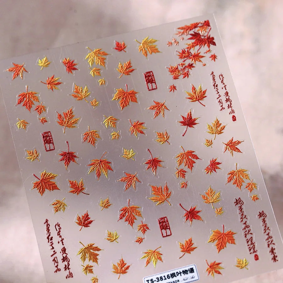 Classic Red Maple Leaves Golden Ginkgo Autumn Harvest 5D Nail Art Sticker Cute Pumpkins Ladybug Mushrooms Adhesive Manicure Deca