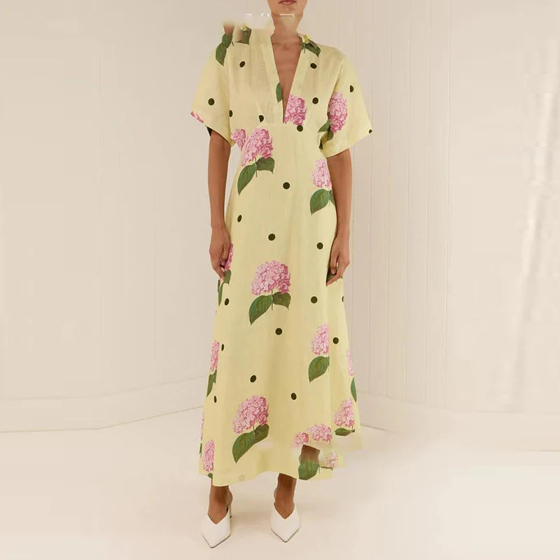 Sexy V-Neck Sling Boho Party Dress Womens Elegant Floral Print Hollow Long Dress Spring Summer High Waist Puff Sleeve Maxi Dress