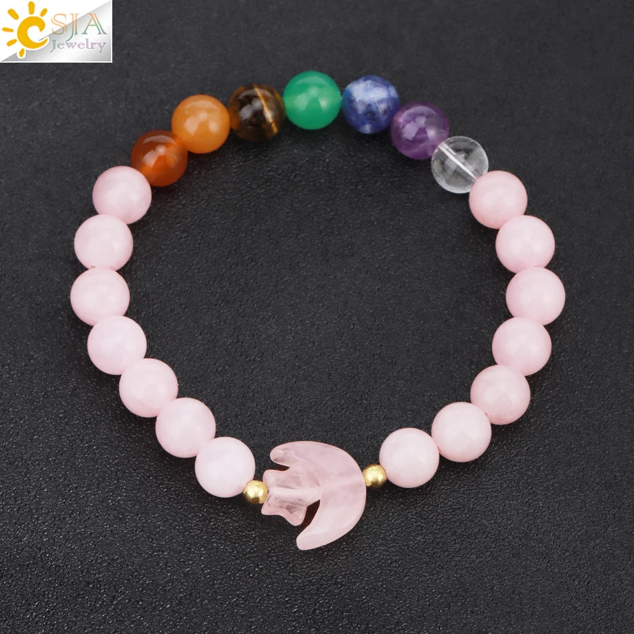 Natrual Stone Bracelet for Women Energy Star Moon Crystal Charm Tiger Eye Pink Quartz Bangle Bead Bracelets Relationship T019