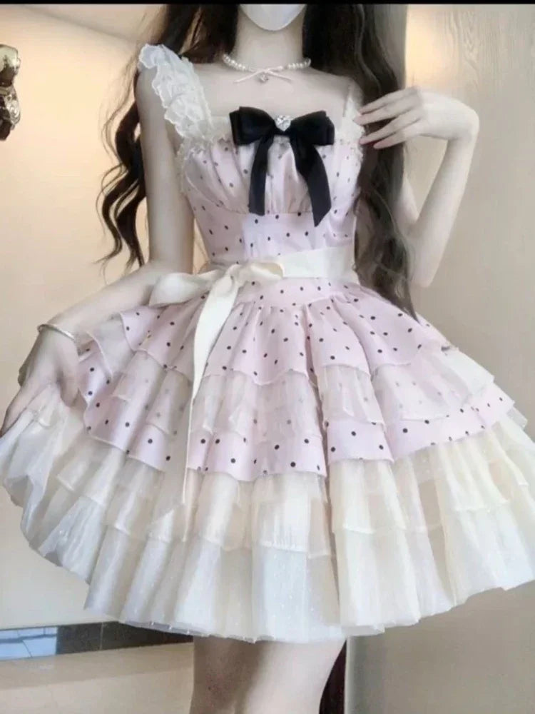 Spring Japanese Sweet Birthday Party Dress Women Y2k Cute Polka Dot Design Bodycon Dress Female Bow Korea Style Chic Clothing
