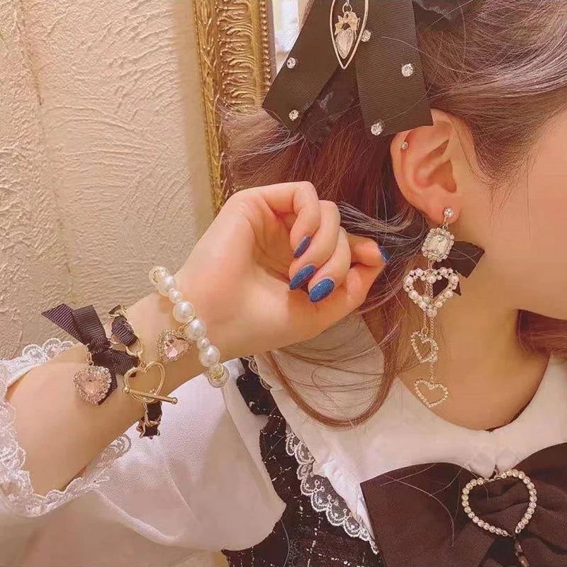 Lolita Bracelet Accessories Sweet Girl Rhinestone Heart Bow Kawaii Girl Two-Piece Pearls Bracelets Japanese Bowknot Ornament