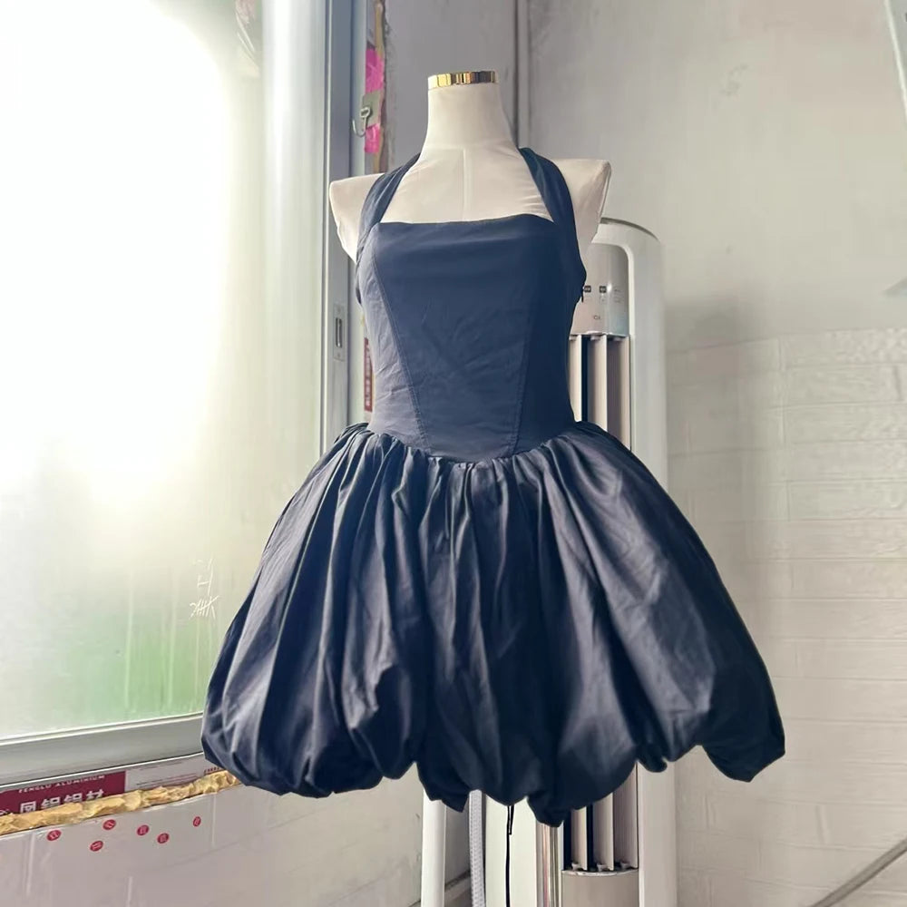VGH Sexy Temperament Tunic Ball Gown for Women Halter Sleeveless Patchwork Lace Up Short Prom Dresses Female Clothing Fashion