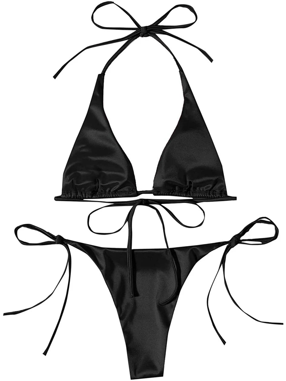 Metallic Halter Triangle Bikini 2023 Swimsuit Women Swimwear Female Bathing Suits Brazilian Thong Micro Bikinis Set Beach Wear