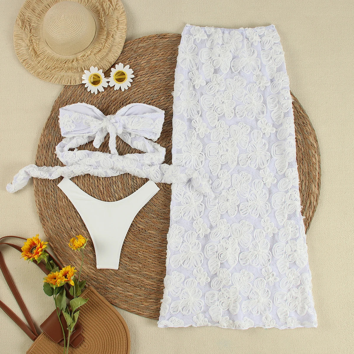 Sexy White Lace 3 pieces Bikinis Women Swimsuit 2024 Swimwear Bathing Suit Beachwear With Lace Skirt Bikini Set Biquini female