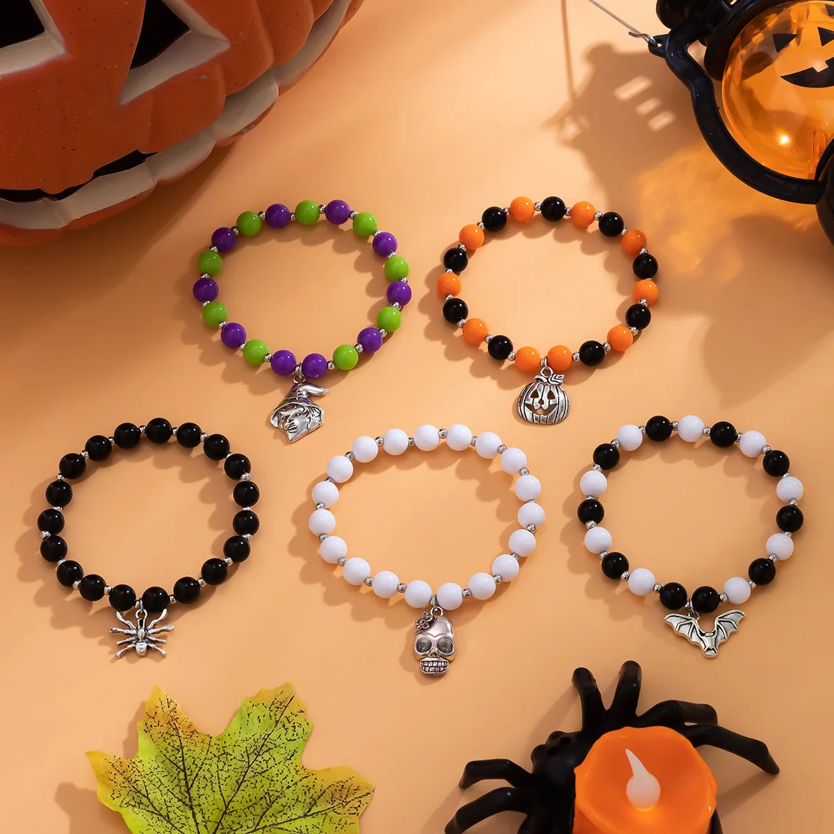 5pcs/Set Halloween Grimace Beaded Bracelet Set Holiday Party Skeleton Witch Pumpkin Head Woman Jewelry New Party Year's Gift