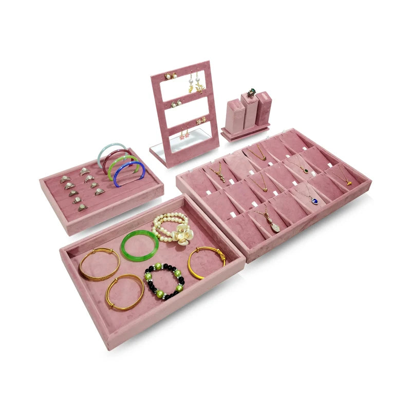 High End Pink Velvet Jewelry Display Props Ring Earrings Holder Necklace Bracelet Tray Organizer Jewelry Store Window Display