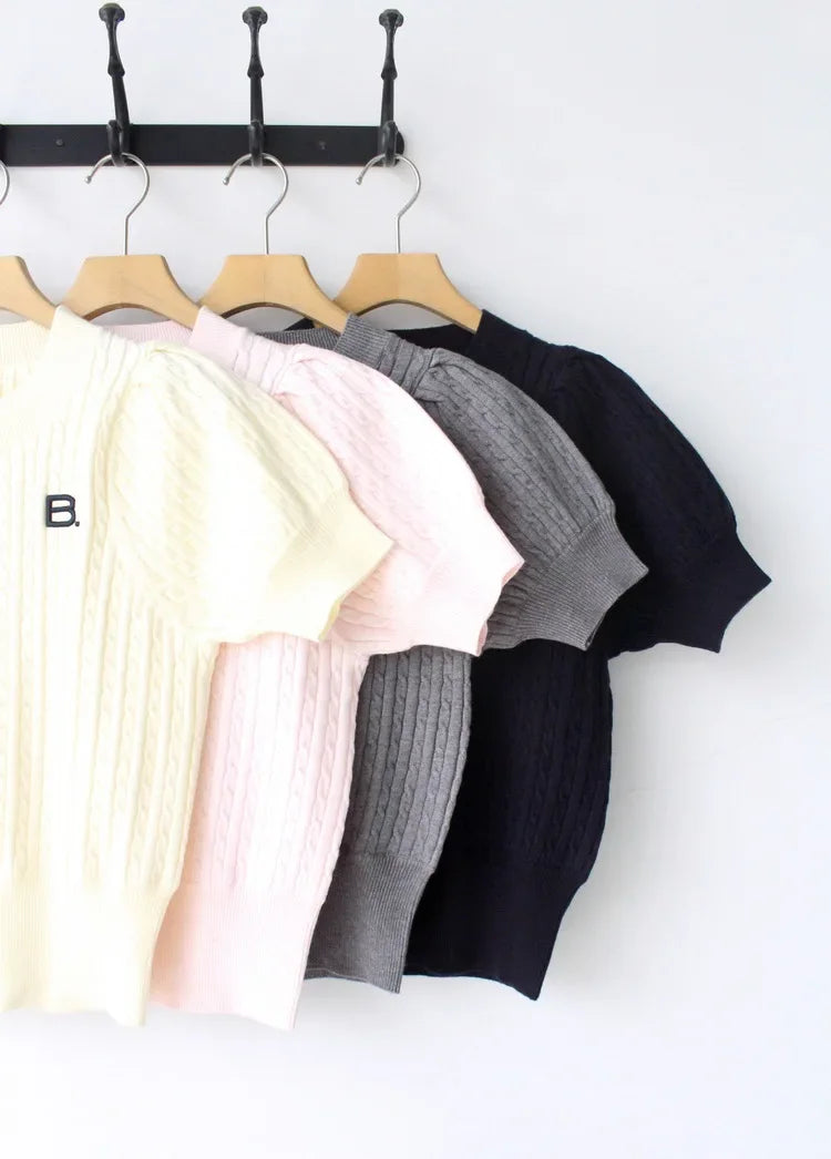 Japanese New Spring Ladies Sweet Bubble Short Sleeve Twist Knitted Top Sweater Letter Embroidered Pure Color Women's T-shirt