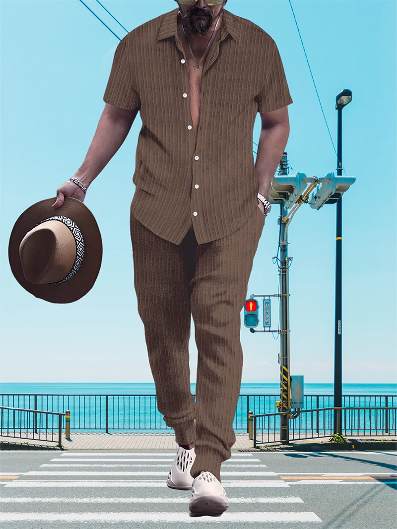 Ultra-thin Ultra-light Summer Men's Shirt Casual Loose Short Sleeve + Trousers Beach Suit Surf Casual Solid Color Lapel Suit