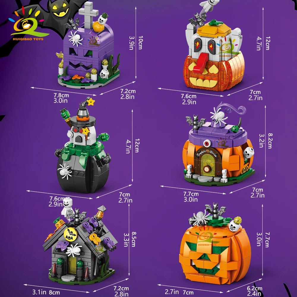HUIQIBAO Halloween Wizard Cat Dog Ghosts Pumpkin Houses Model Building Block DIY Haunted House Bat Bricks Toys for Adult Gift