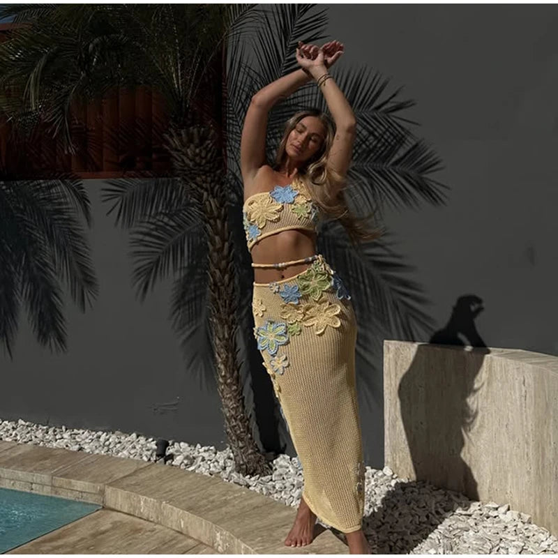 Sexy Beach Women's Set Beading Flower Crochet Crop Top Slim Maxi Skirt Female Suit 2025 Summer Hollow Out Knit Lady Dress Sets