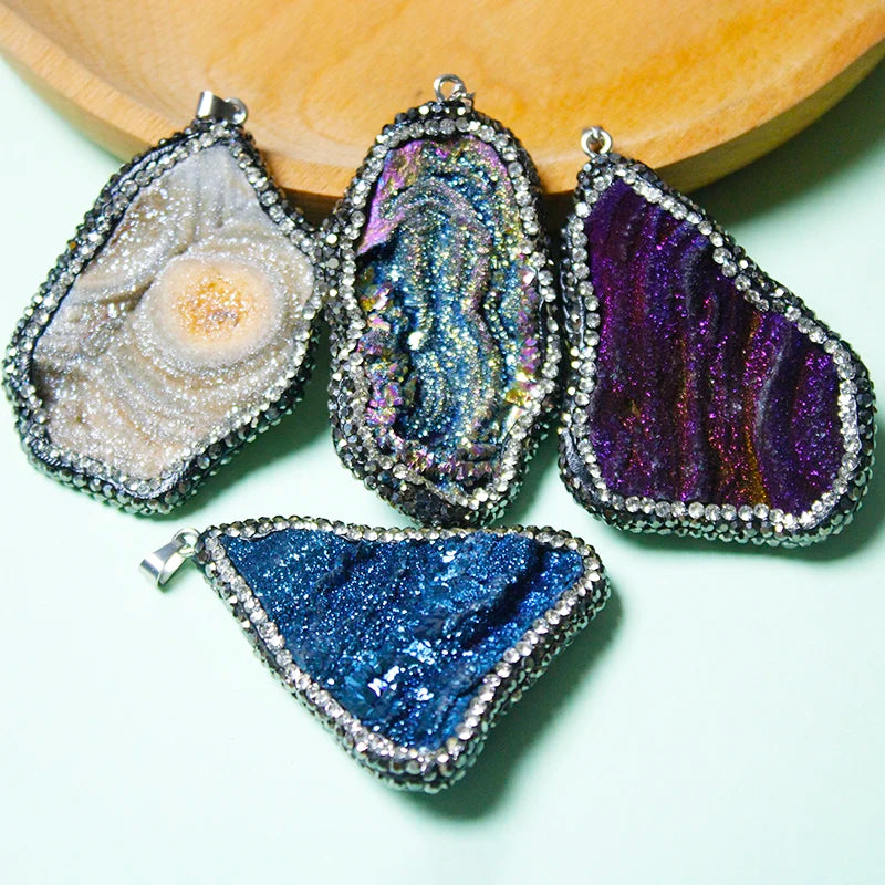 Micro Inlay Rainbow Sun Agate Galaxy Necklace for Women Ladies Irregular Rough Stone Pendant Reiki Healing Crystal Jewelry