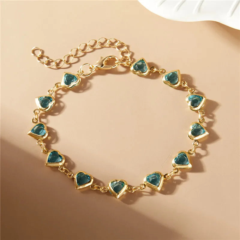 Exquisite Boho Candy Color Heart Shaped Crystal Bracelet for Women Fashion Charm Zircon Butterfly Pearl Metal Chain Bracelets