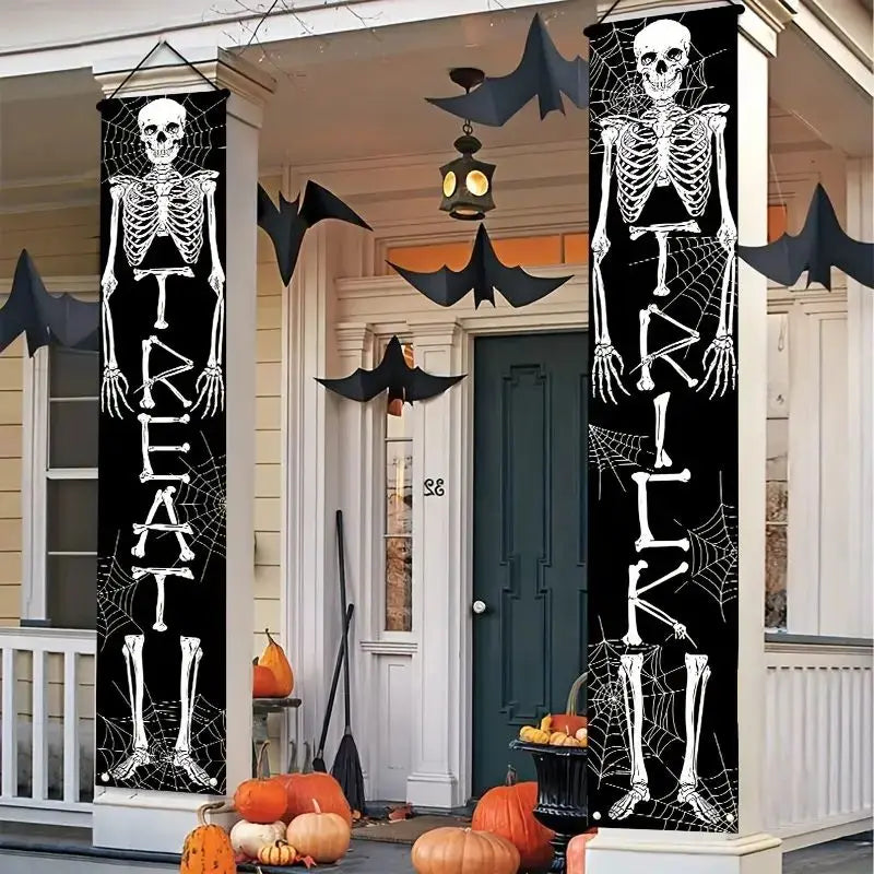 VIKAMA Ghost Skull Halloween Door Banner, Trick or Treat Decor Hanging Background Door Porch Welcome Sign Party Supplies