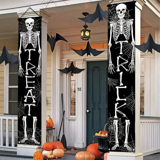 VIKAMA Ghost Skull Halloween Door Banner, Trick or Treat Decor Hanging Background Door Porch Welcome Sign Party Supplies