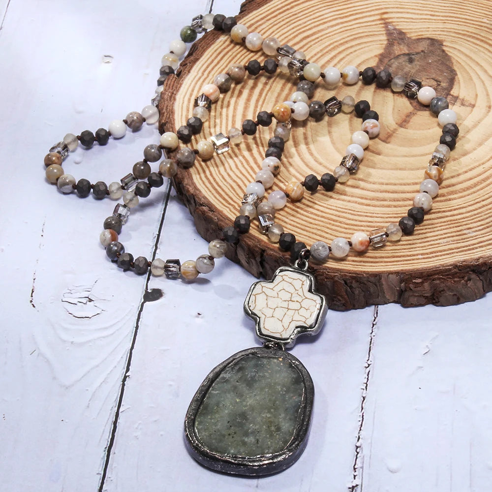 Summer New Bohemian Style Women's Jewelry 6mm Natural Stone Glass Knot Necklace Cross Elliptical Stone Pendant Necklace Sweater