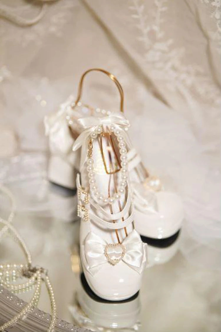 Lolita Shoes New Japanese Cute Round Head Pearl Bow Clips Leather Shoes Pumps Women Mary Jane Shoes High Heels Girls