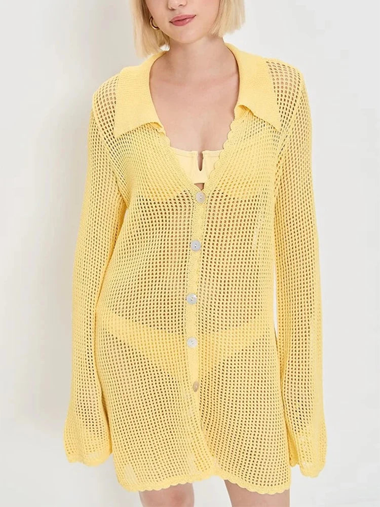 2025 Summer Women's Loose V Neck Button Coverup Cardigan Sexy Knit Mesh Beach Dress Swimsuit Cover Up Casual Vacation Wear K187