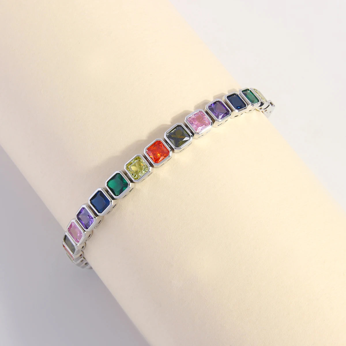 MHS.SUN 2024 New Luxury Rainbow Crystal Tennis Bracelet For Women Colorful Zirconia Femme Bridal Wedding Jewelry Christmas Gift