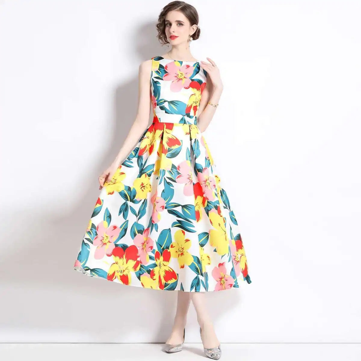 JAMERARY New Summer Hoilday Floral Midi Dress Women Printed A Line Long Vestidos