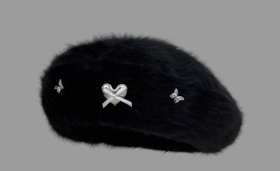 Autumn and Winter Elegant Pearl Plush Beret Japanese Style Handmade Lolita Snowflake Love Heart Bow Tie White Hat for Women Caps