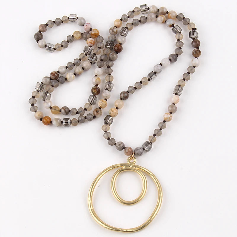 Fashion Bohemian Jewelry Accessory 6mm Stones/Crystal Knotted With Metal Round Pendant Necklaces Women Boho Gift